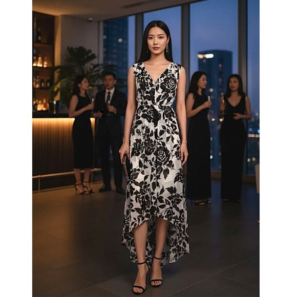 SIMPLY VERA VERA WANG - black white floral high low hem dress - Picture 2 of 10